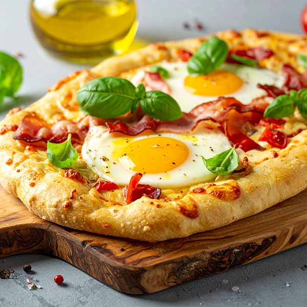 Bacon and Egg Pizza with Basil Oil